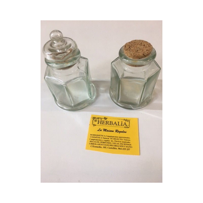 FRASCO VIDRIO EXAGONAL bajo tapa corcho-cristal
