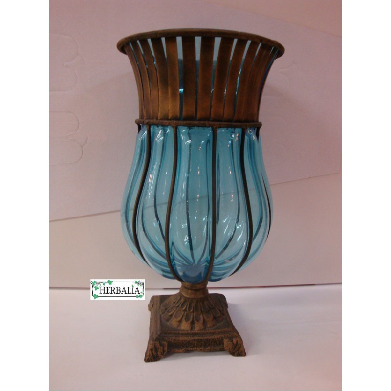 JARRON CRISTAL AZUL PIE FORJA