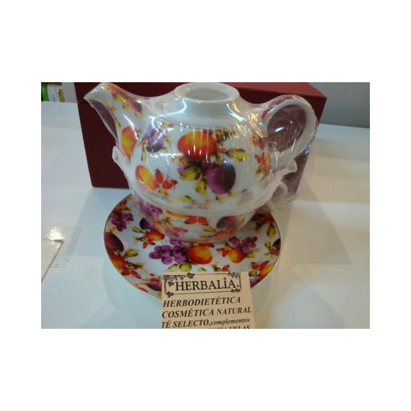CAFETERA/TETERA PORCELANA con TAZA y PLATO FRUTAS