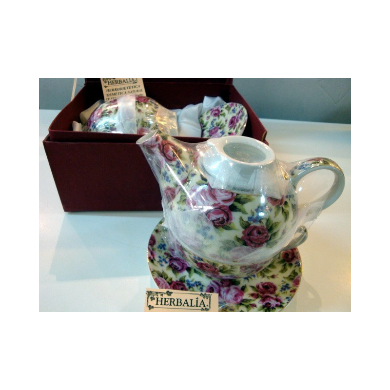 CAFETERA/TETERA PORCELANA con TAZA y PLATO ROSAS PEQUEÑAS