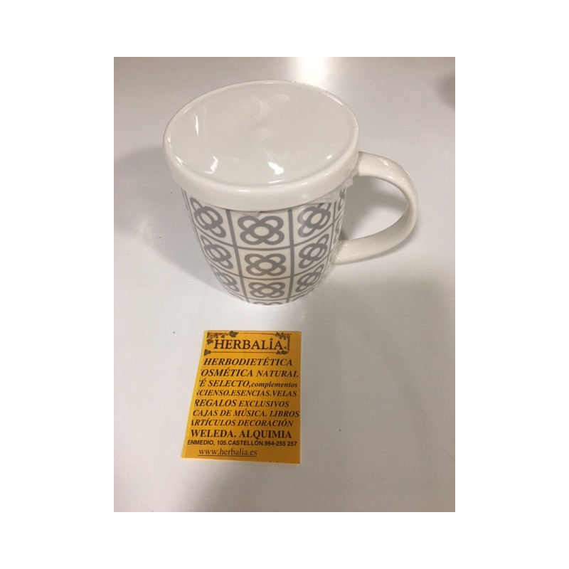 TAZA INFUSIÓN MOSAICO flores gris con colador